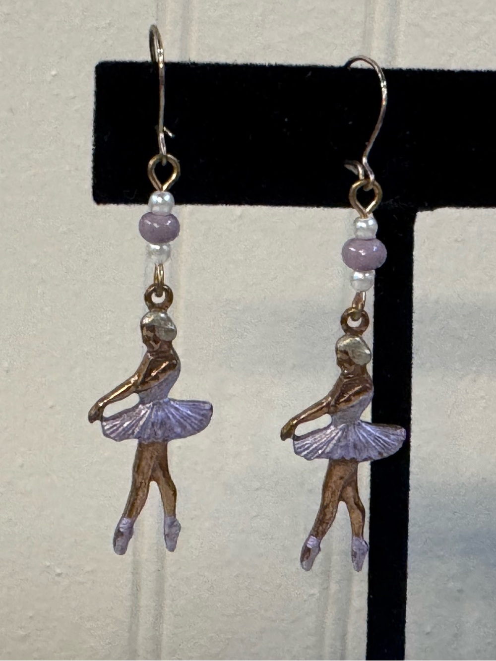 Vintage Goldtone Ballerina Dangle Earrings Purple Beaded Pierced